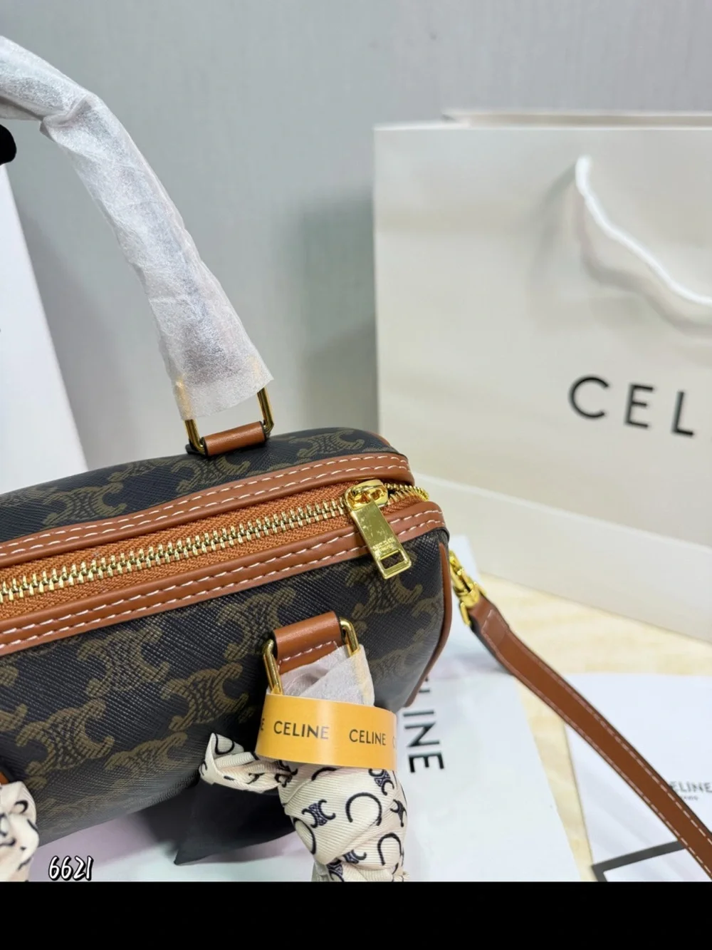 Celine Brown Triomphe Mini Satchel with Logo Scarf Wrap